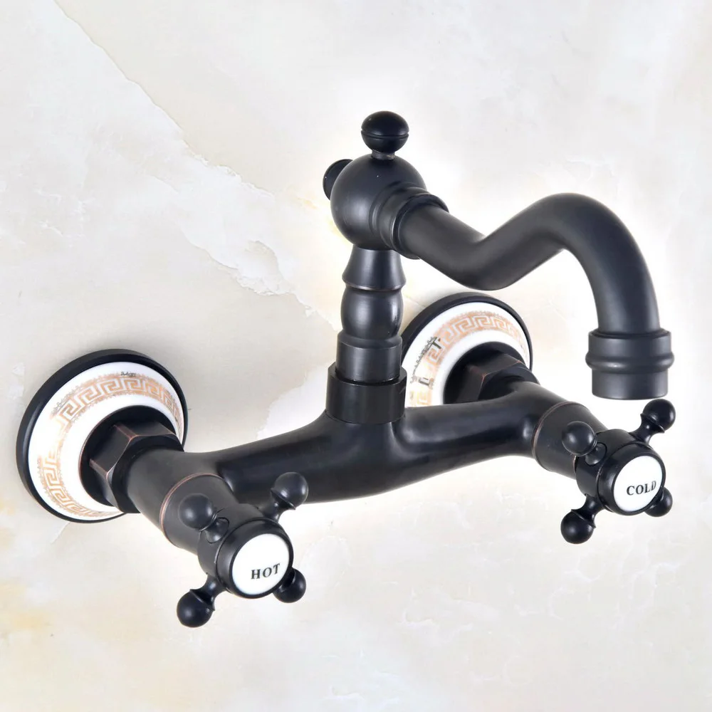 

Oil Rubbed Bronze Wall Mounted Bathroom Sink Faucet Swivel Spout Bathtub Mixer Dual Handles znf455