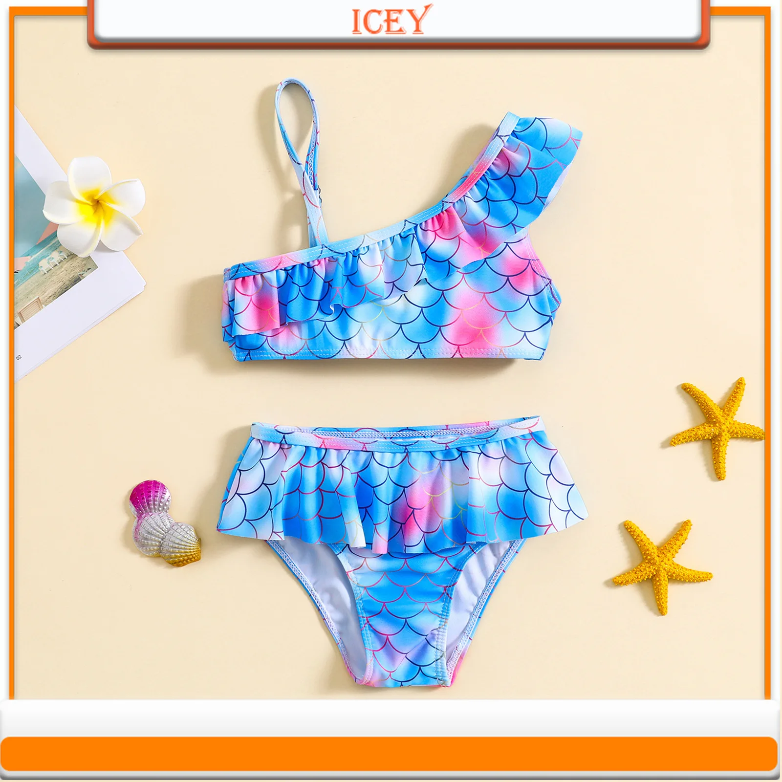 Kids Baby Girl Fish Scale Print One Shoulder Suspenders Pleated Lace Split Set Girls Swimsuit Two-Piece Suits