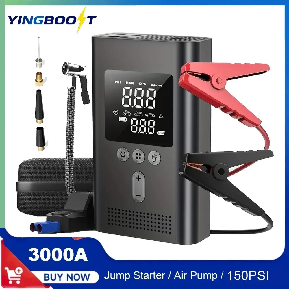 

Portable Jump Starter with Air Pump, 3000A Car Jump Starter Boost 150PSI Auto Air Compressor Tire Inflator , LED Light