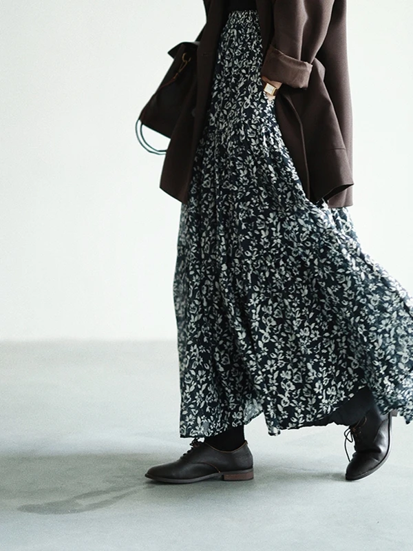 

Ele Original Design Vintage Versatile Midi Skirt High Waist Print Ladies Travel A-Line Skirt Large Swing Skirt