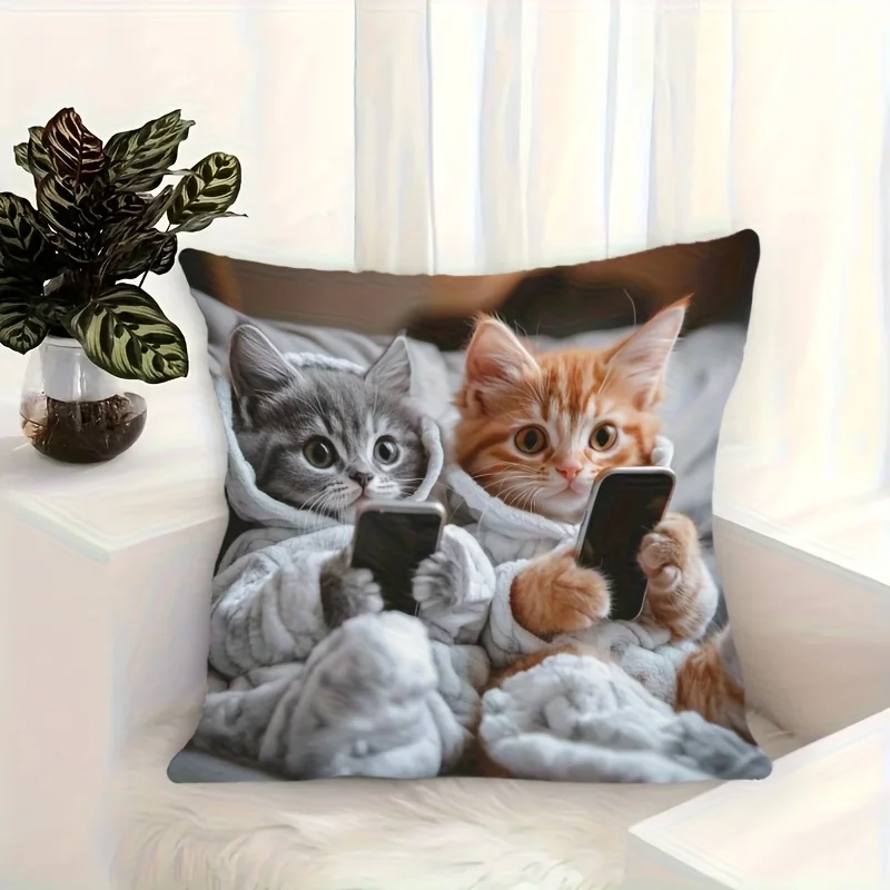 Vibrant Bohemian Style Pillow Cover,Charming Kitten & Phone Design, for Living Room & Bedroom Decor ,Pillow Insert Not Included