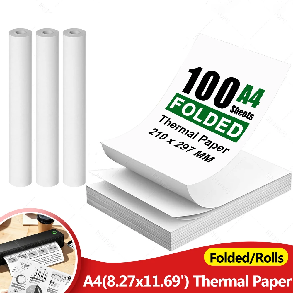 Papel Térmico A4 Dobrado/Rolos, Papel Térmico 8.27x11.69' (210 x 297mm) para Impressora Térmica Portátil, para Impressão de Arquivos, Imagens