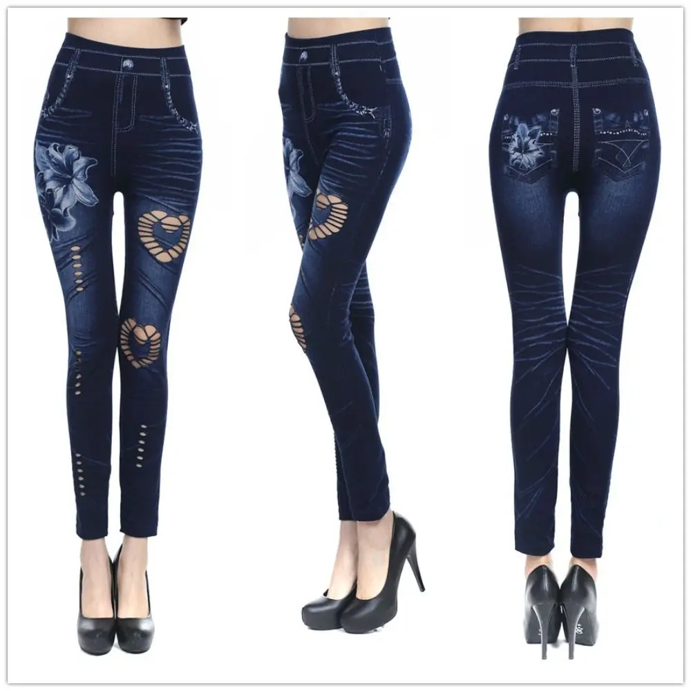 High-waisted Sexy Women's Slim-fit Leggings Faux Denim Hollow Out Stretch Leggings Heart Flower Patterned