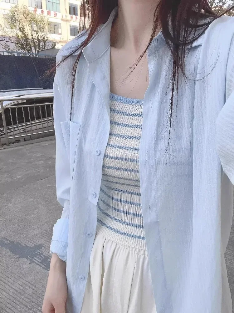 

Women Sunscreen Shirt Korean Blue Thin Long Sleeve Summer New Korean Fashion Polo Collar Top Loose Casual Lazy Style