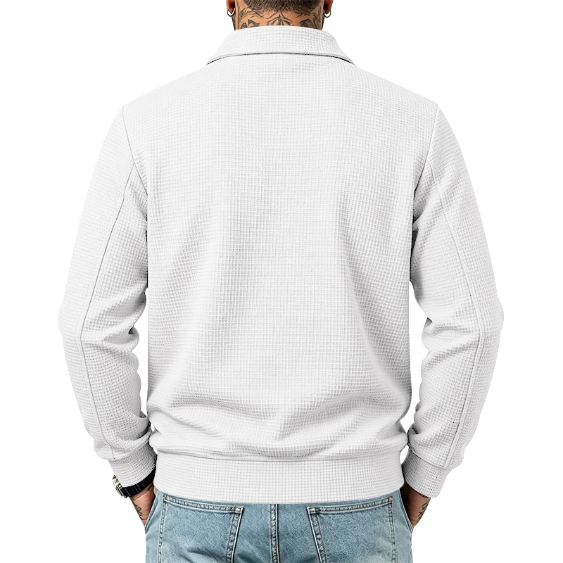 Herren Frühlings- und Herbstjacke aus Waffelstrick mit Reißverschluss, lässig, locker, leicht, mit Kragen, für den Alltag. – Detail 4