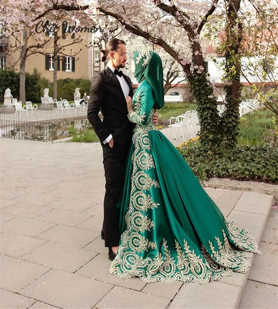 Vestido de noiva muçulmano com renda dourada, manga comprida, vintage e elegante, marroquino, Dubai e árabe, vestido de noiva gótico, verde, 2023