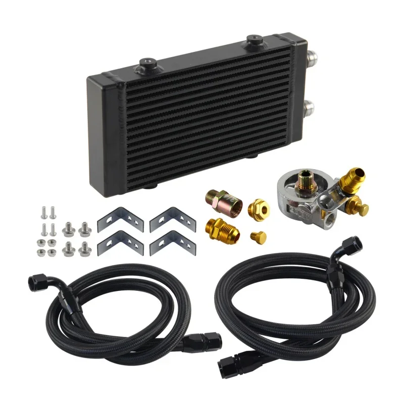 قضيب ولوحة تمرير مزدوج صغير مع طقم مهايئ مرشح ترموستاتي 80 درجة مبرد زيت أسود 9.5 بوصة × 5.5 بوصة × 1.58 بوصة كور