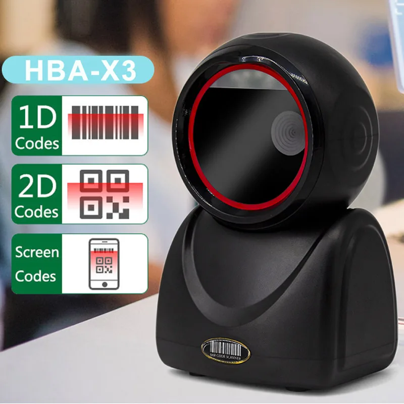 HBAPOS Desktop 2D QR Barcode Scanner Hands-Free Omnidirectional USB Wired Barcode Reader 1D QR Screen Barcodes Scanning