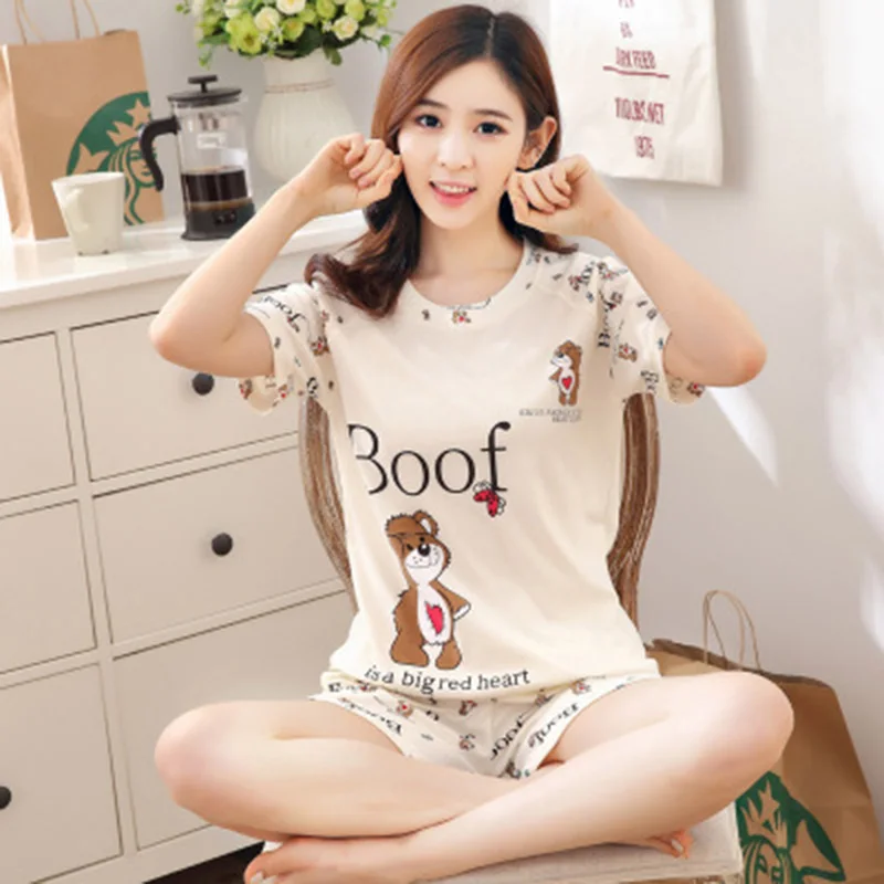 Summer Short-Sleeved Ladies Pajamas Two-Piece Casual Korean Round Neck Cartoon Cute Sweet Short-Sleeved Comfortable Homewear Set