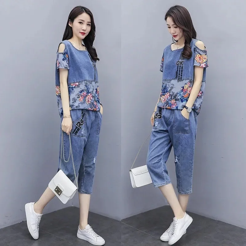 Summer Denim Printed Stitching Pants Two-Piece Women\'s 2023 New Summer Fashion Casual Denim Top + Hole Jeans Pants Female Sets