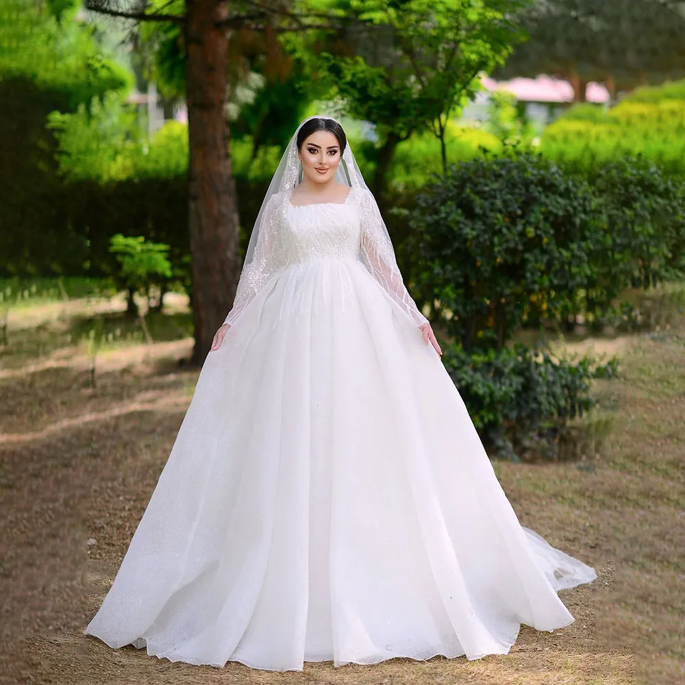

Luxury Wedding Dresses with Square Collar Log Sleeve Princess Bride Dress Church Bridal Ball Gown Customized robe de mariée