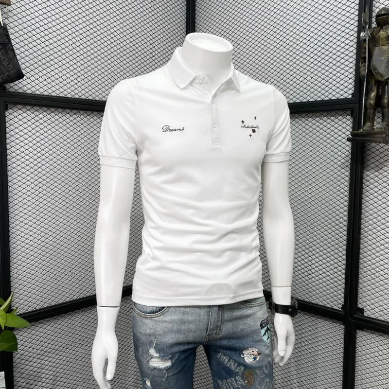 Polo con cuello para hombre, camiseta ajustada bordada en negro, ropa blanca ajustada, ropa de calle para hombre, novedad en estampado S