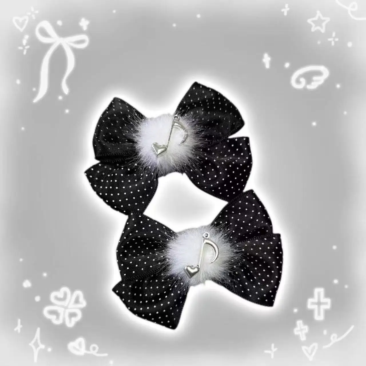 Black White Polka Dot Musical Note Hair Clip - Handmade Side Hairpin with Bow for Girls, Double Ponytail Accessory