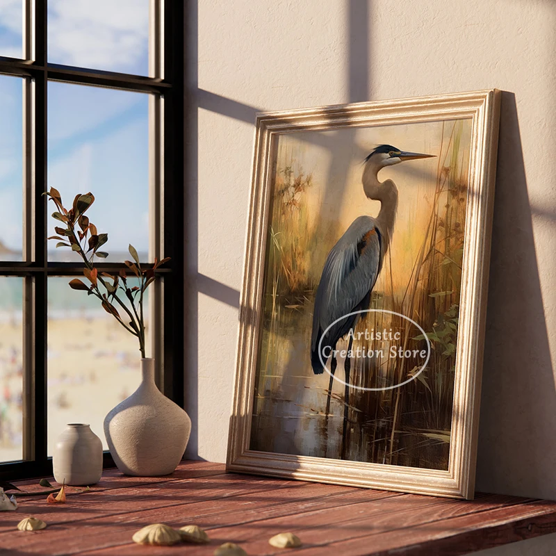 Blue Heron Bird Poster Print Canvas Painting Egret Vintage Wall Picture for Modern Living Room Bedroom Farmhouse Art Home Decor