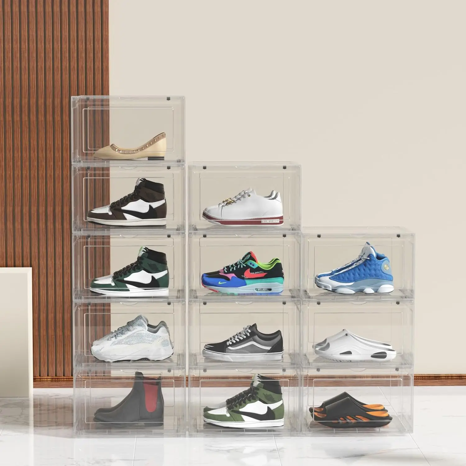 Acrylic Shoe Box Magnetic Door Fit US Size 15 Stackable 12 Packs, Customized