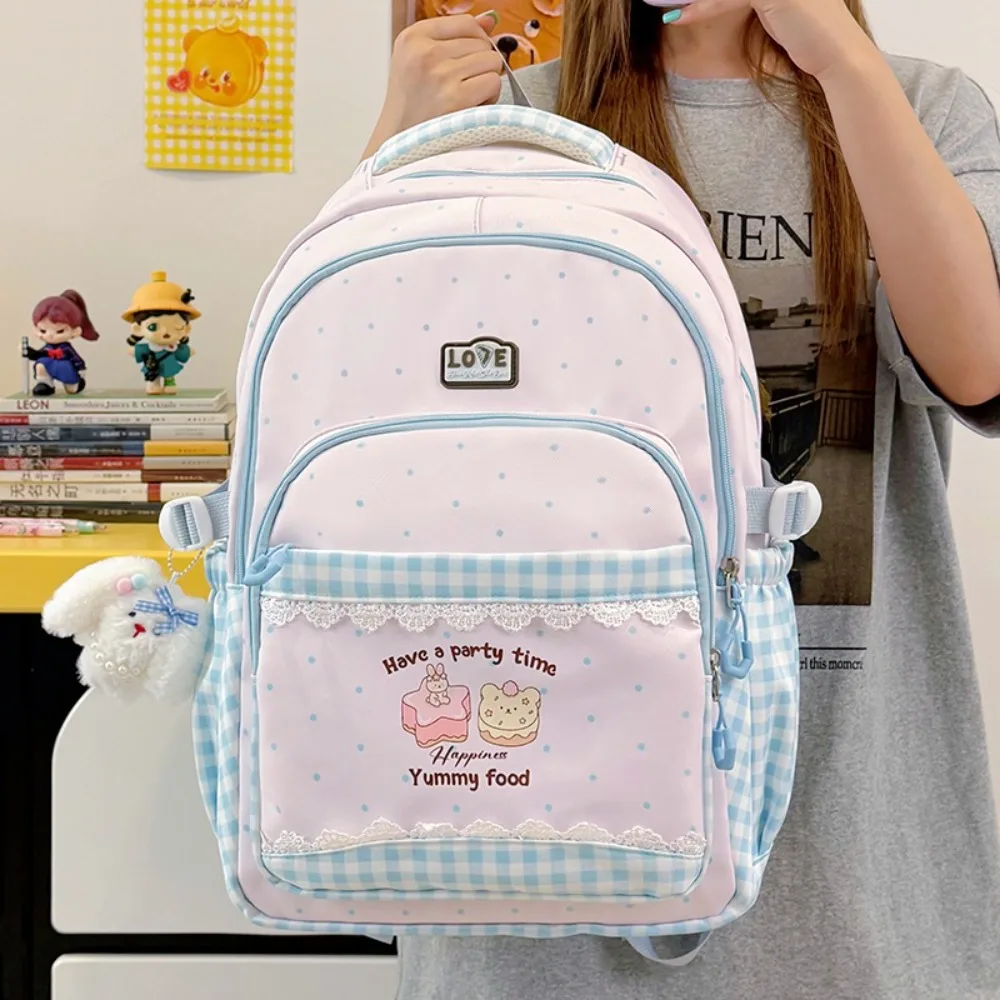 Cream rabbit print girl's backpack, cute pendant, large-capacity student schoolbag, Kawaii travel backpack