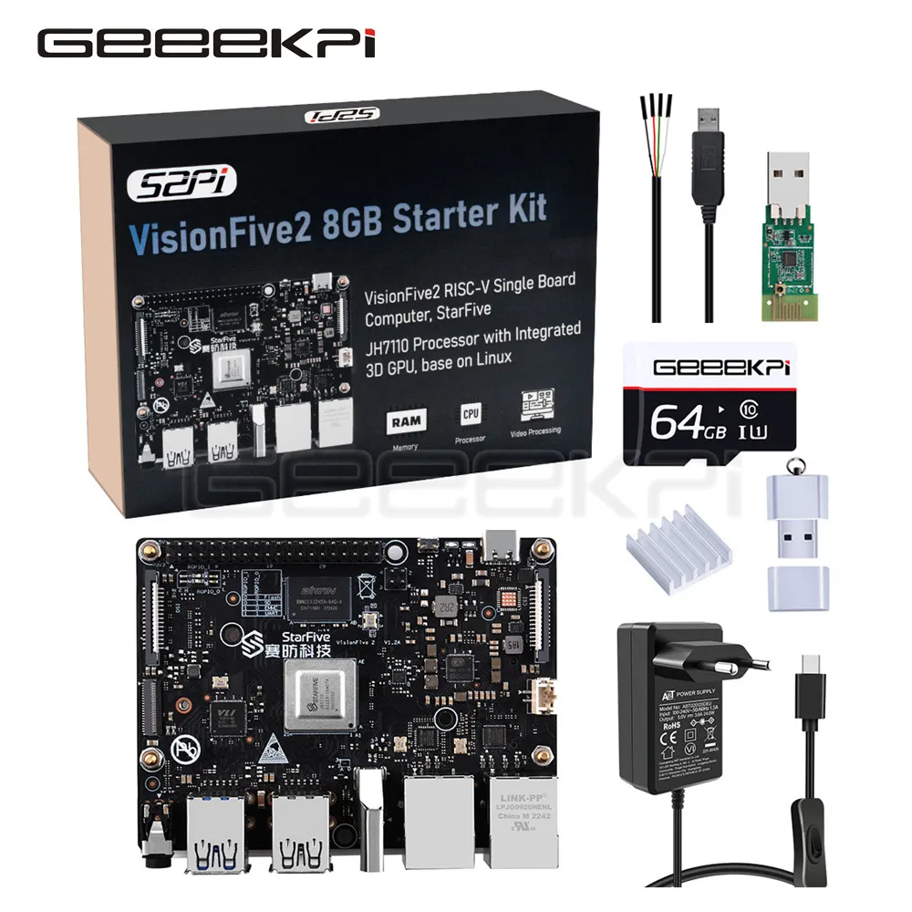 GeeekPi VisionFive 2 Development Board 8GB Starter Kit WiFi Dongle Heatsink Type-C Power Supply 64GB SD Card