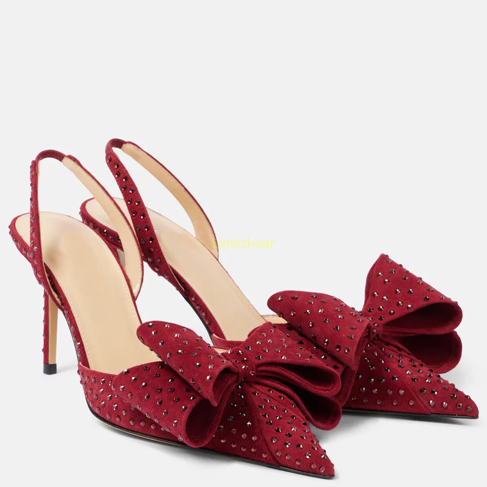 Burgundy Crystal Rhinestone String Bead Pump Sexy Pointed Toe Stiletto Slip On New Arrivals Fashion Women Runway Shoes