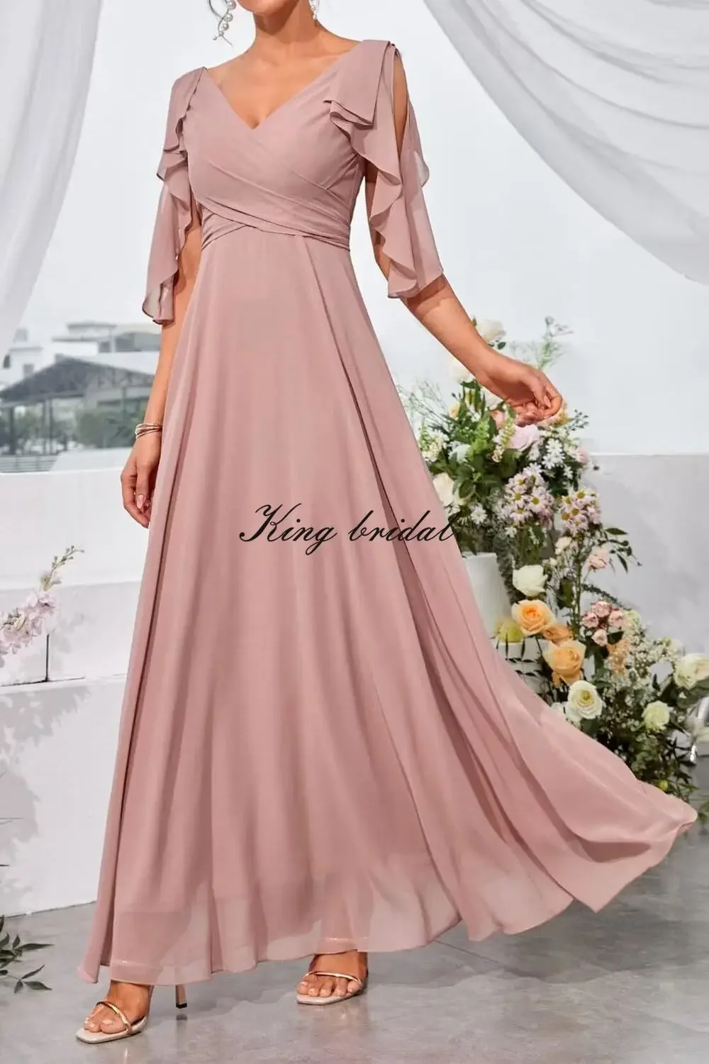 Abito da ballo plissettato con scollo a V, abito da sera formale, abiti per invitati al matrimonio, semplici abiti da damigella d'onore per le donne con maniche fredde