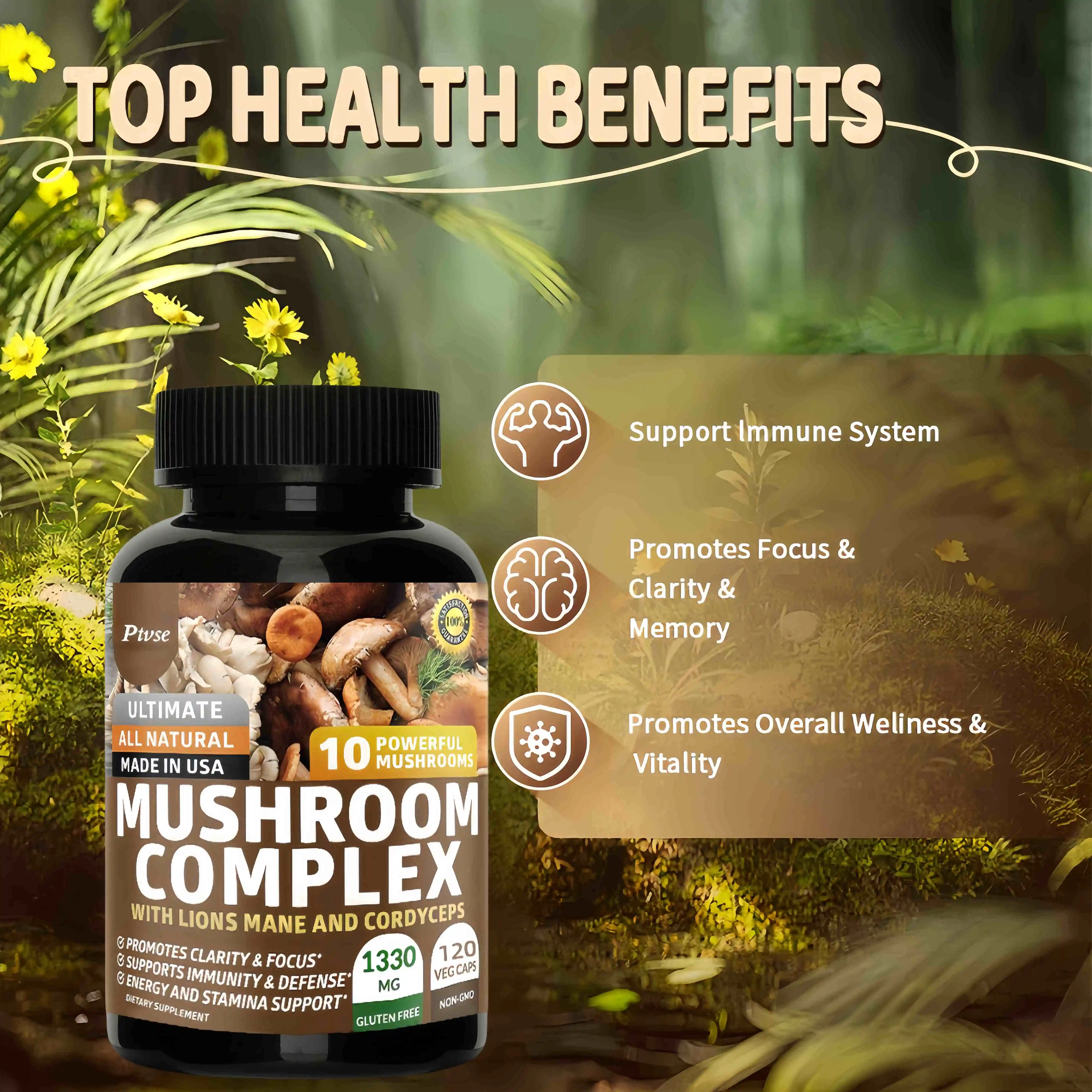 Original Mushroom Complex Capsules with Lions Mane Chaga Cognitive Brain Function Stress Relieves Beauty Health Diet Supplement