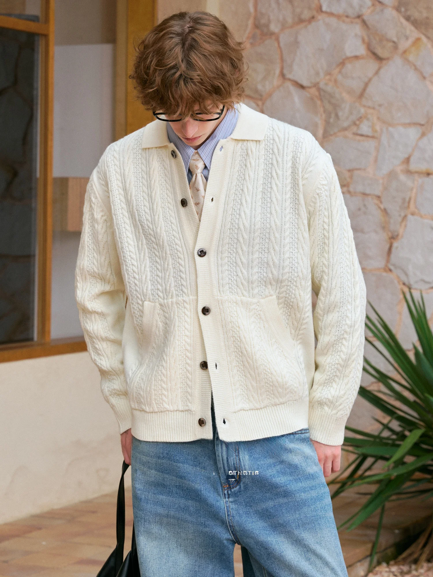 Men's Autumn Winter Open Cardigan Sweater Wool Blend Casual Knitted Loose Fit Necktie Woolen Twist Flower Patterned Outerwear