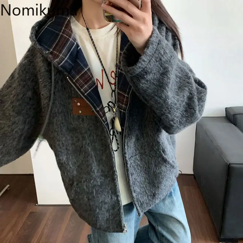 

2025 Winter Jackets Women's Clothing Patchwork Plaid Thick Woolen Hooded Zipper Jacket Ropa Mujer Casual Zipper Vintage Tops