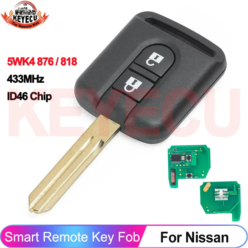 KEYECU 2 tombol 5WK4 876/ 818 433MHz Chip ID46 Chip untuk Nissan Elgrand X-TRAIL Qashqai Navara Micra Note NV200 kunci jarak jauh