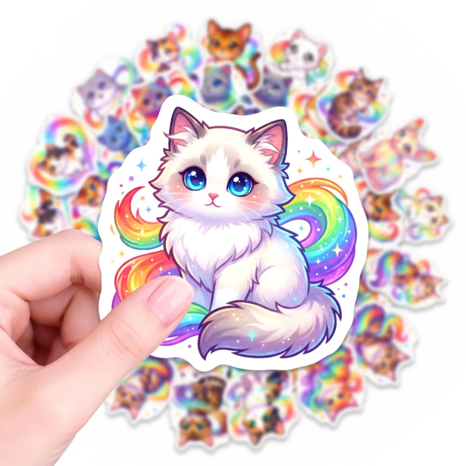 50/100 Stück Farbverlauf-Regenbogen-Katzen-Cartoon-Aufkleber, dick, wasserfest, zum Selbermachen, für Schüler, Schreibwarenbox, Tagebuch, Stifthalter, Schreibtisch, Sammelalbum