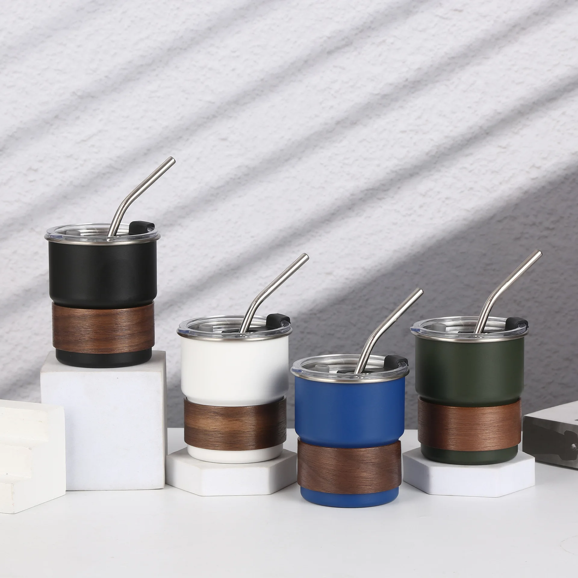 

300ML Coffee Cups with Lids Straw and Anti Scalding Sleeve Stainless Steel Portable Camping Cup Coffee Mug for Outdoor Picnic