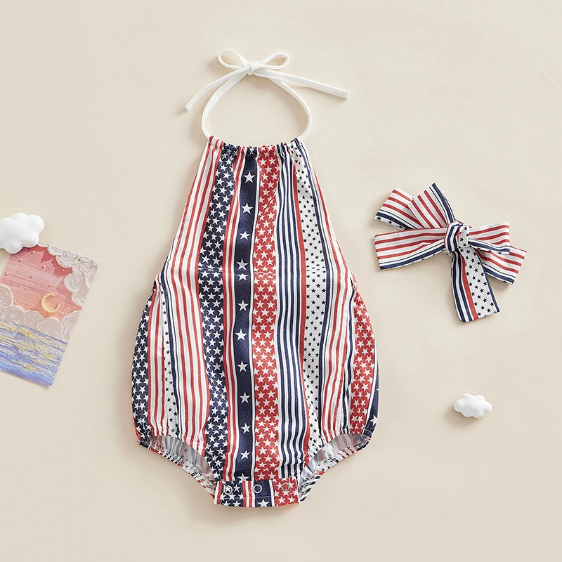 Fourth of July Toddler Girl Romper Set with American Flag Print Halter Jumpsuit and Matching Headband for Summer Celebrations