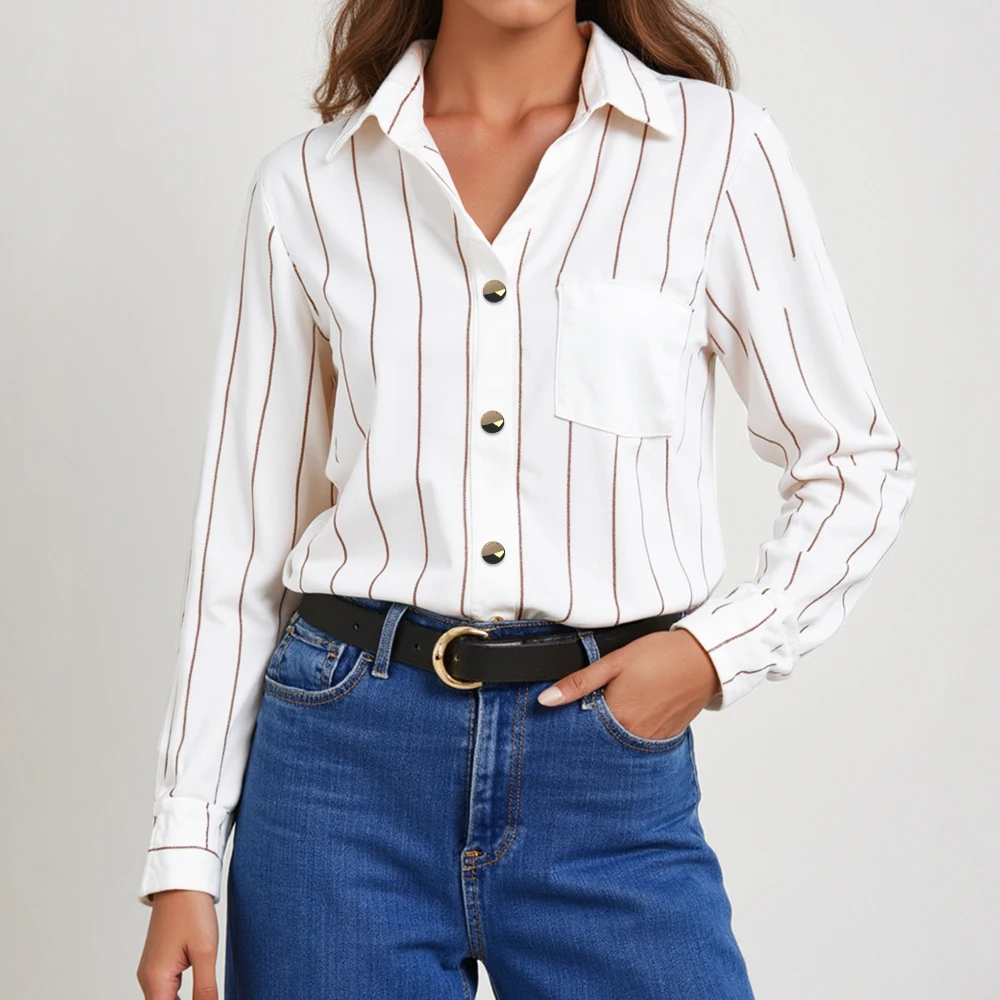 

Mia Muse Boutique Women's Shirts Autumn Chic Pockets Stripes Single Breasted Button Front Long Sleeve Shirt Collar Daily Shirts