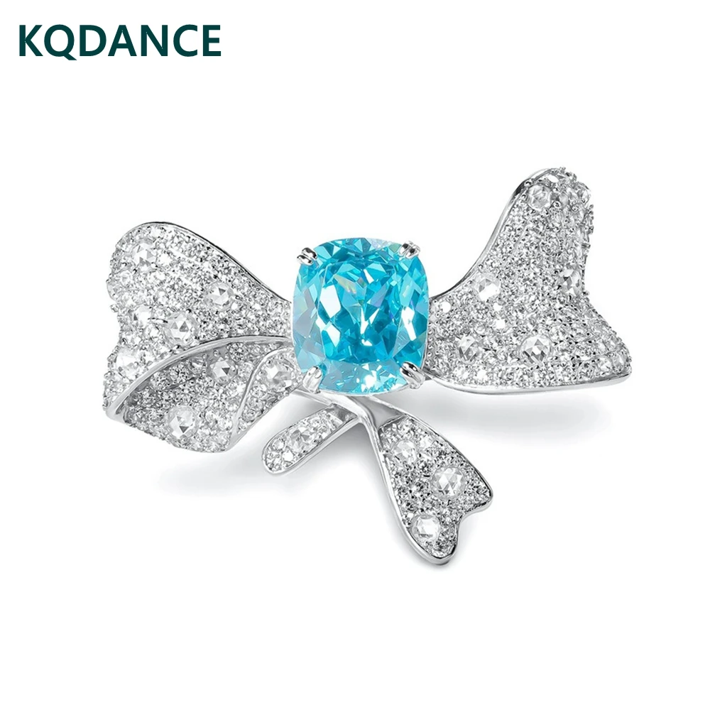 KQDANCE 925 Sterling Silver Created Cushion Cut Aquamarine Paraiba Blue High Carbon Diamond Butterfly Cocktail Ring Fine Jewelry