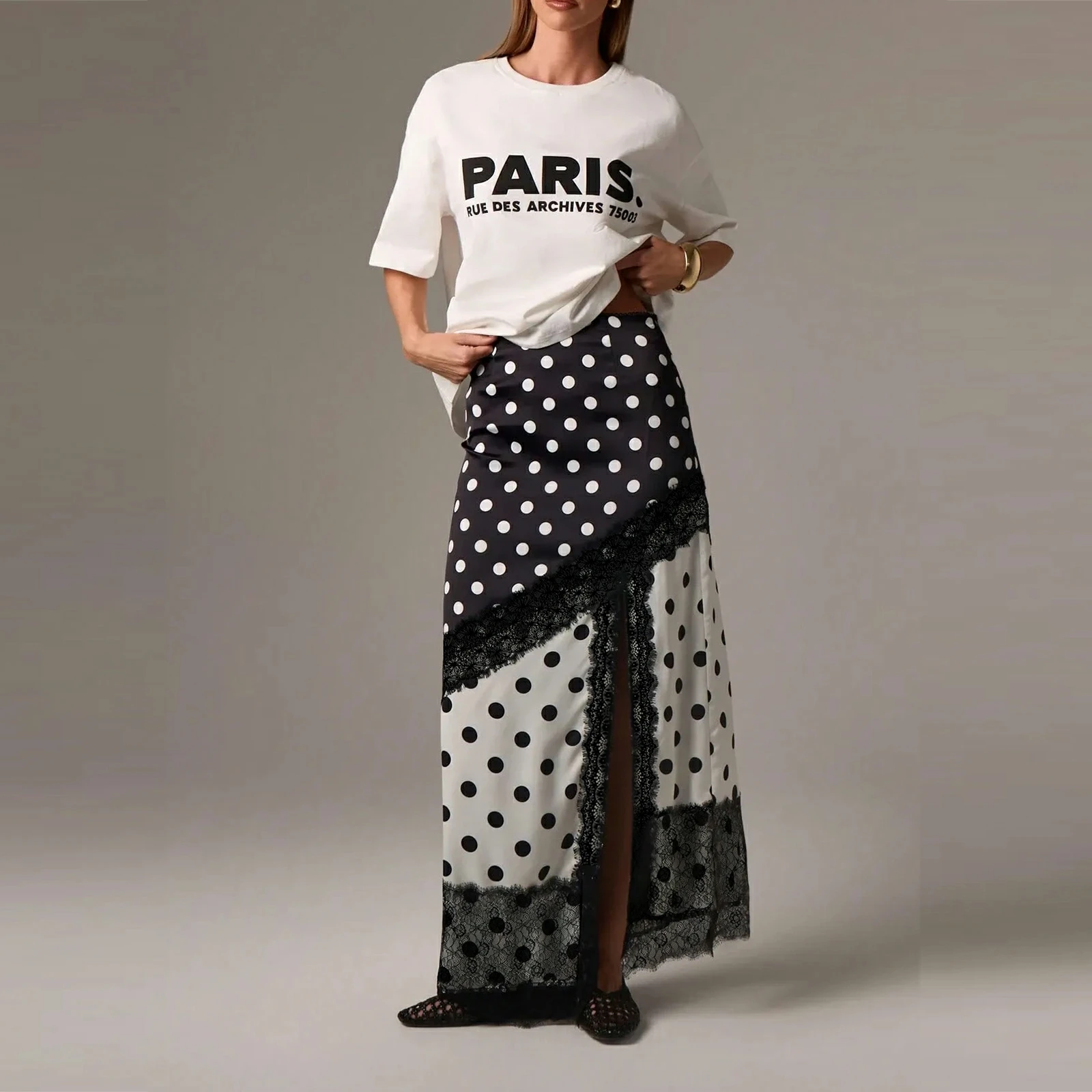 Women's Summer Elegant High Waist Long Satin Silk Skirt Dot Print Lace Trim Patchwork Contrast Color Side Split Skirt