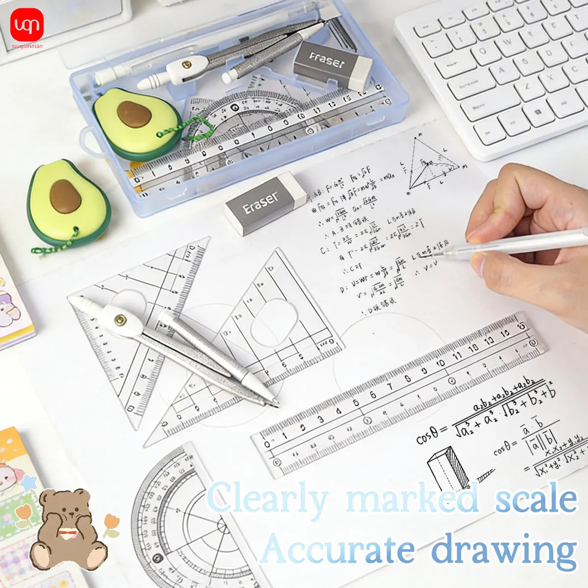 9Pcs Student Math Compass Geometry Set Ruler Protractor Eraser Drawing Tool Kit Portable Math Stationery for Exam School Use