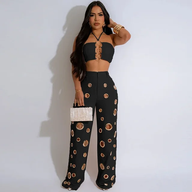 Seksowna nocna impreza 2-częściowe zestawy damskie Strój klubowy Odzież festiwalowa Halter Crop Top i spodnie Conjuntos Femininos Elegantes