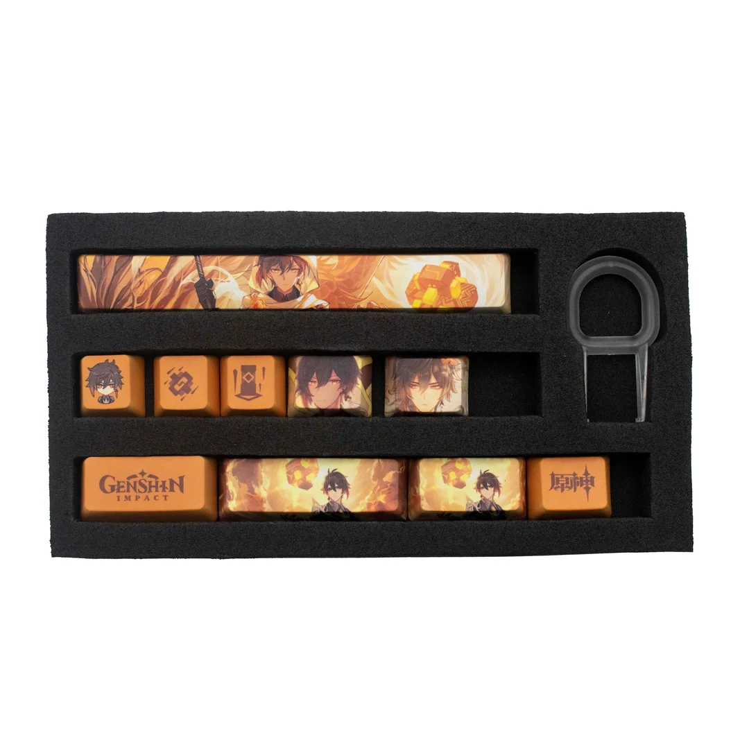 

Genshin Impact Zhongli игровые колпачки для клавиш, набор 10 ключей, колпачки для клавиш с термосублимацией из ПБТ, OEM, высокоиндивидуальные двумерные колпачки для клавиш
