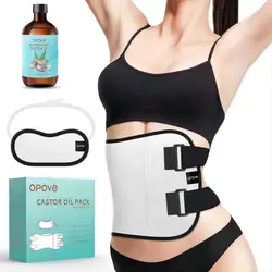 opove Castor Oil Pack Wrap With Castor Oil Reusable Pads Kit for Liver Detox Fibroids Thyroid Neck Washable Body Massage Tool