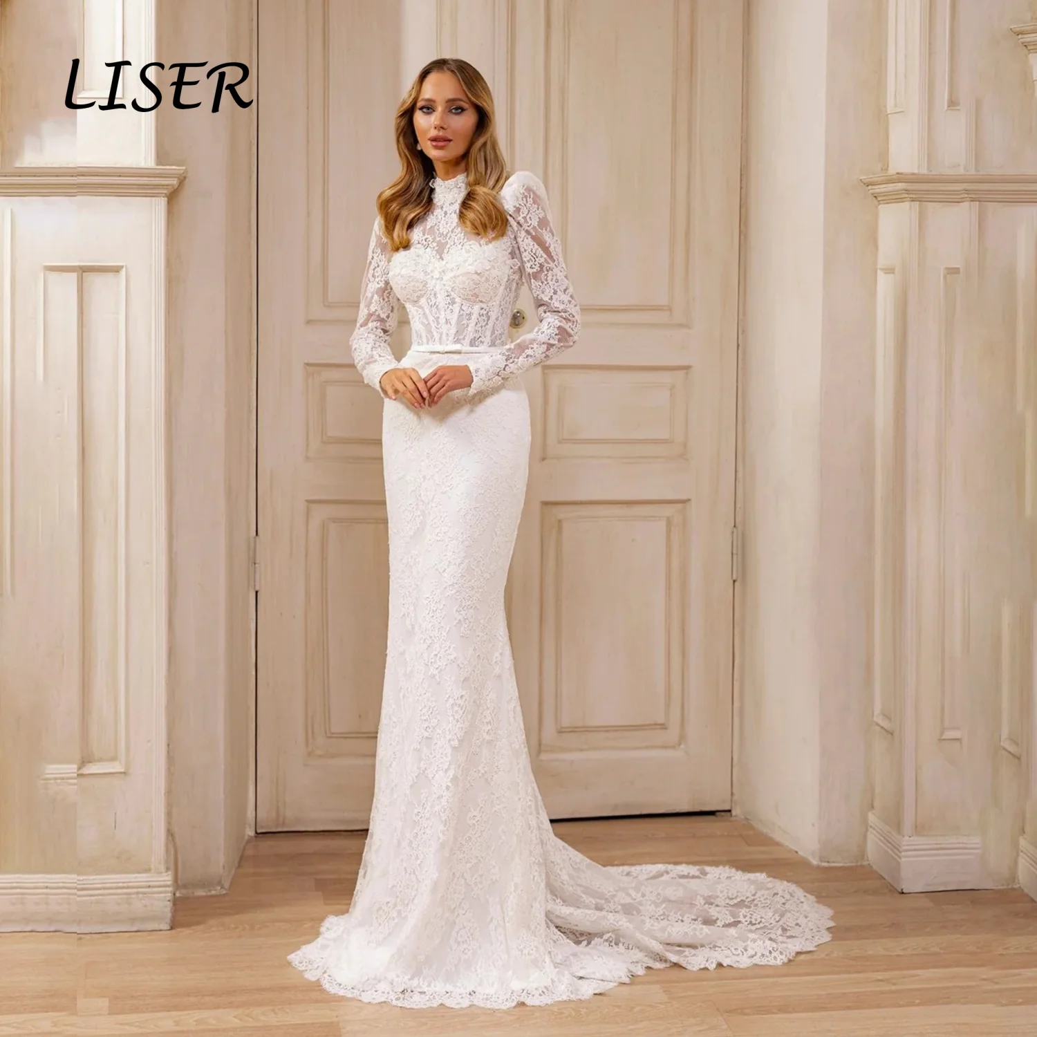 Liser Customized Ivory High Neck Puff Long Lace Mermaid Wedding Dress Full Lace Fabric Scalloped Robe De Mariée Sweep Train