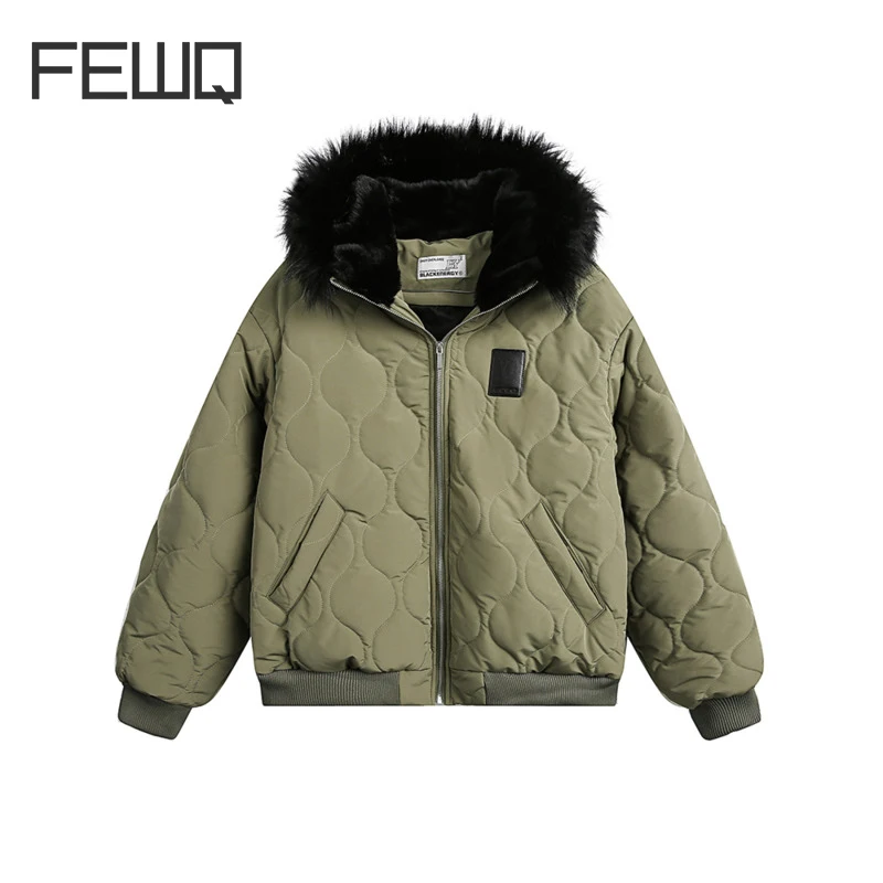 FEWQ  Men's Padded Jackets New Winter Casual Fur Collar Diamond Plaid Hooded Loose Korean Style Coats Thick Menswear CPG2410