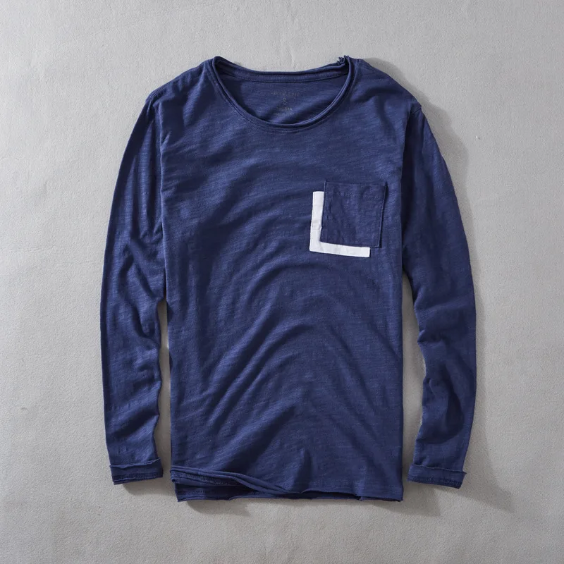 Men 100% Cotton Long Sleeve T-Shirt Japanese Style Crew Neck Slub Washed Soft Comfortable Loose Casual Basic Autumn Tees