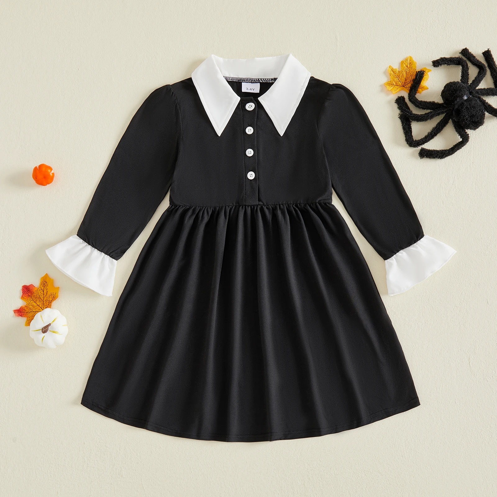 1-5Y Kids Girl Halloween Costume Long Sleeve Contrast Colors Turn-Down Collar Fall Party Dress