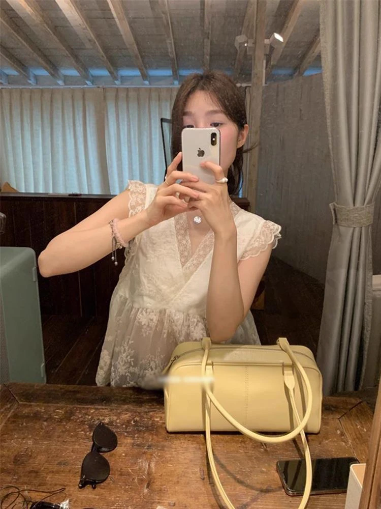 Korean Sle V-Ne Lace Top Women's Summer New Bal Splice Lace Svel Vest Small irt Breathable Comfortable Skin-...