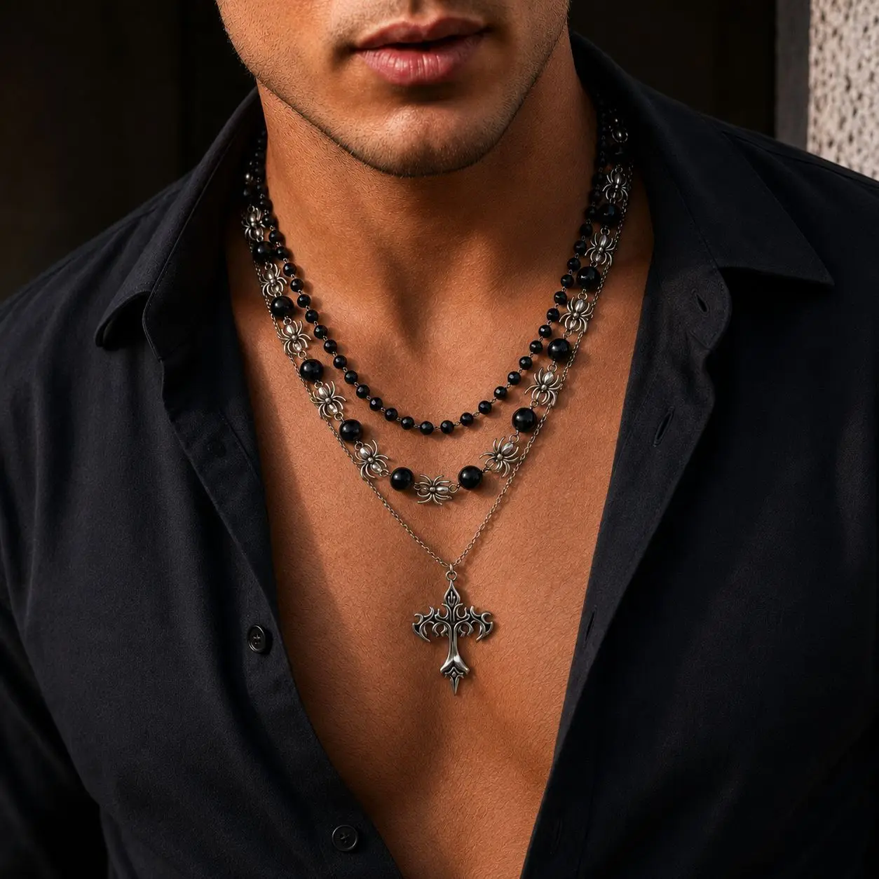 European and American Dark Spider Patchwork Necklace for Men, Hip-Hop Niche High-End Cross Pendant, Cross-border Men's