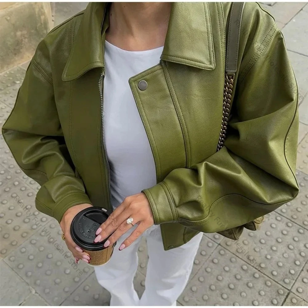 Women's Leather Jacket Zipper Casual Olive Green Fashion Short Leather Jacket Coat Outwear Vintage High Street Trend Overcoat