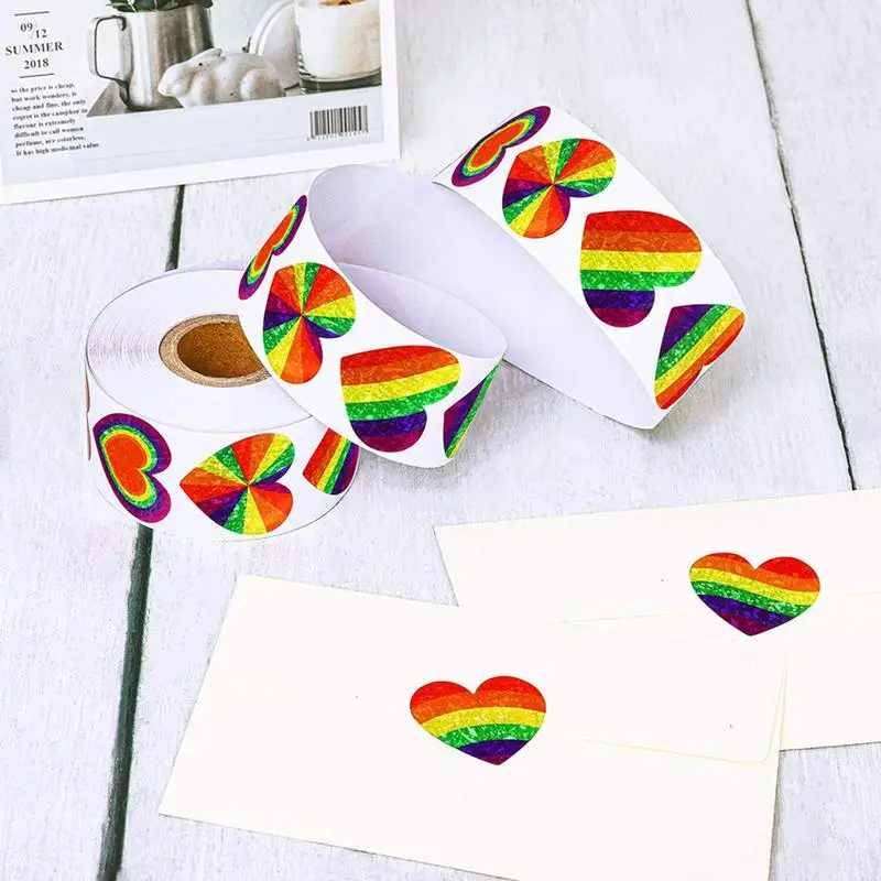 500Pcs Gay Pride Stickers Rainbow Heart Reflective Stickers Waterproof Sticker Roll Spreading Love Gift Packaging Seal Labels