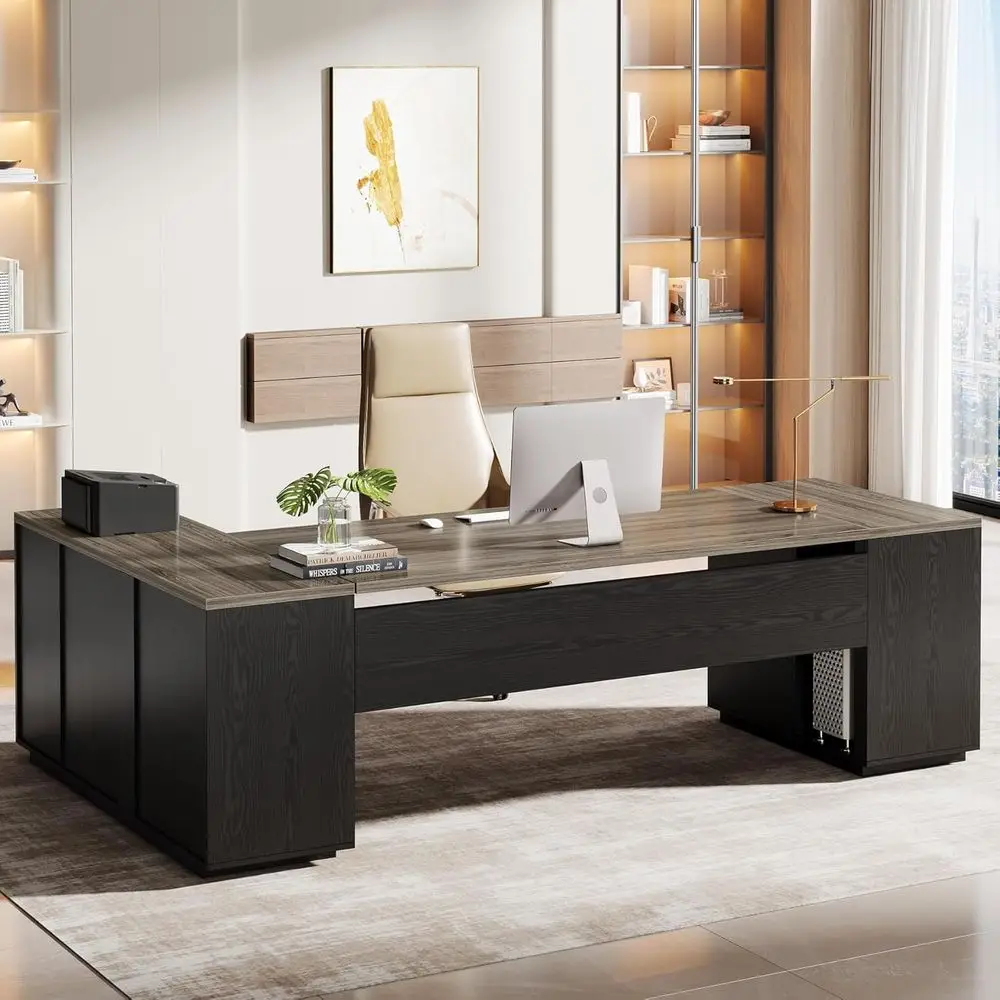 

Extra Large L-Shaped Desk with Drawers, Door Cabinet, and Shelves, Ideal for Home or Commercial Office Use, Grey and Black