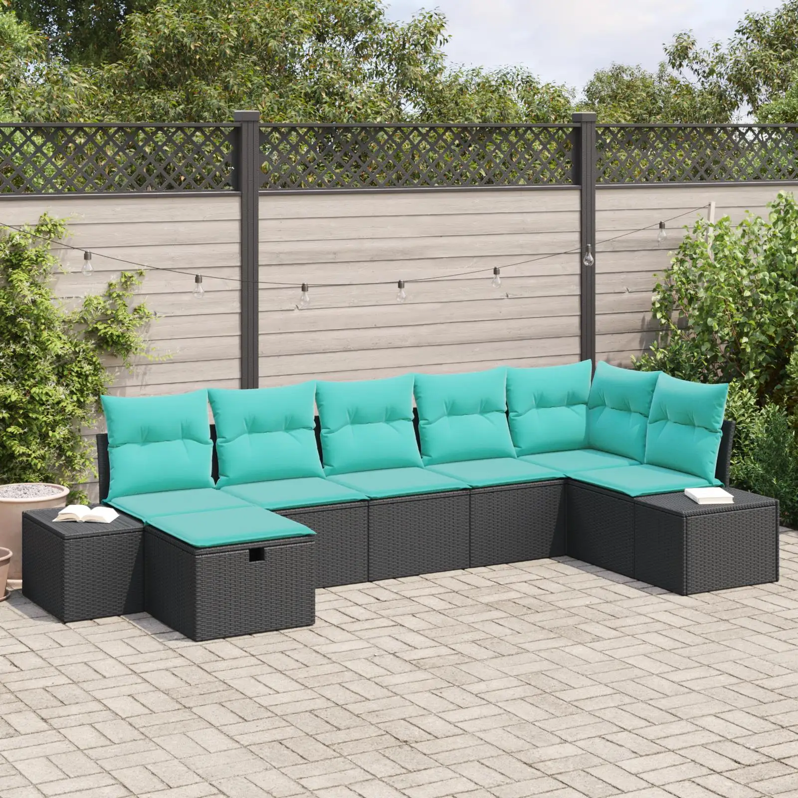 

7 Piece Outdoor Rattan Sofa Set with Cushions Black Garden Furniture Seating