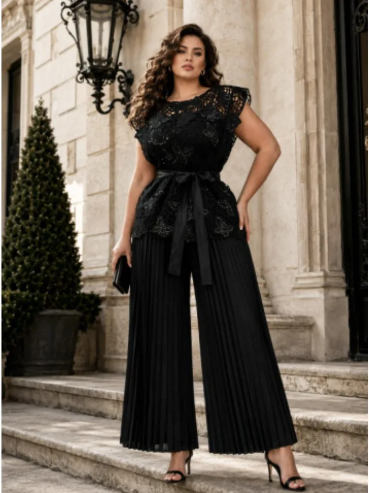 2026 Miyake Loose Women's Clothing New Lace Splicing Pleated Two-piece Set Elegant Fashion Trousers Set