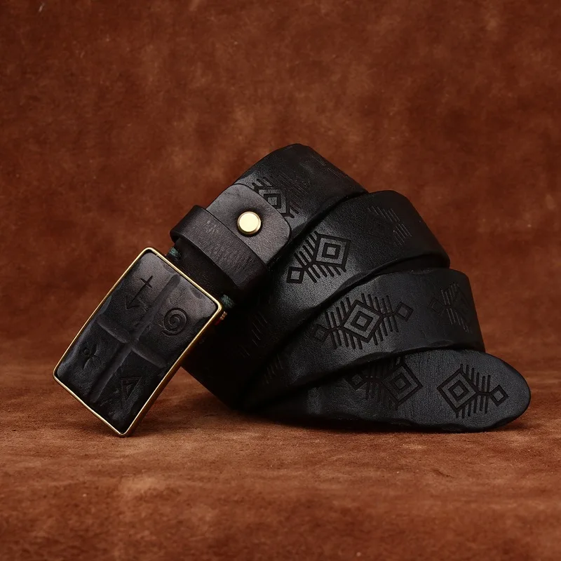 

Men's Retro Trend Hand-carved Pattern Smooth Buckle Belt Men's Genuine Leather Pure Cowhide Plate Buckle Belt