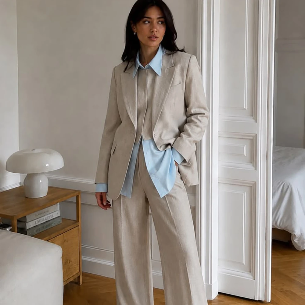 Women Natural Linen 3 Piece Suit Set Elegant Blazer Vest Wide Leg Pants Casual Office Business Formal Ladies Matching Outfit